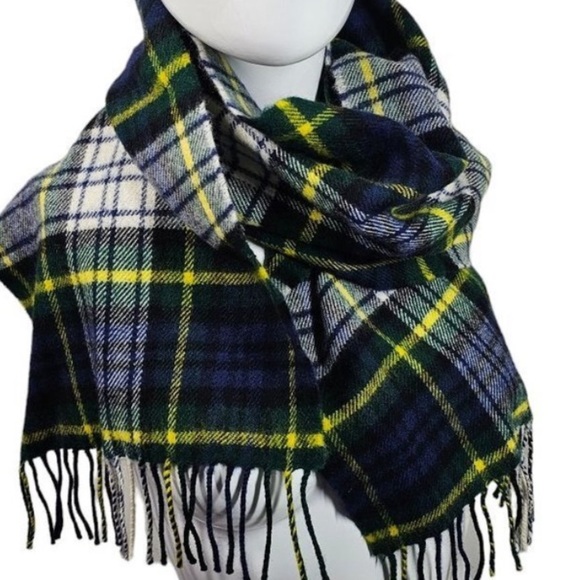 SCOTTISH EXPERIENCE LAMBSWOOL Highland Tartan Clan Plaid Scarf Fringe Blue White - Picture 1 of 12